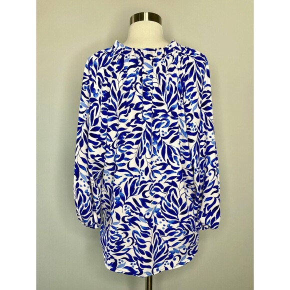 Veronica M Top Frederick Split Neck Blouse Women Large Blue White NWT Pleated - Picture 6 of 8